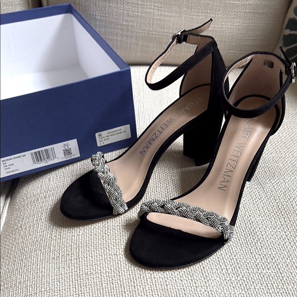 New Stuart Weitzman Black Suede Rhinestone Dress Sandal